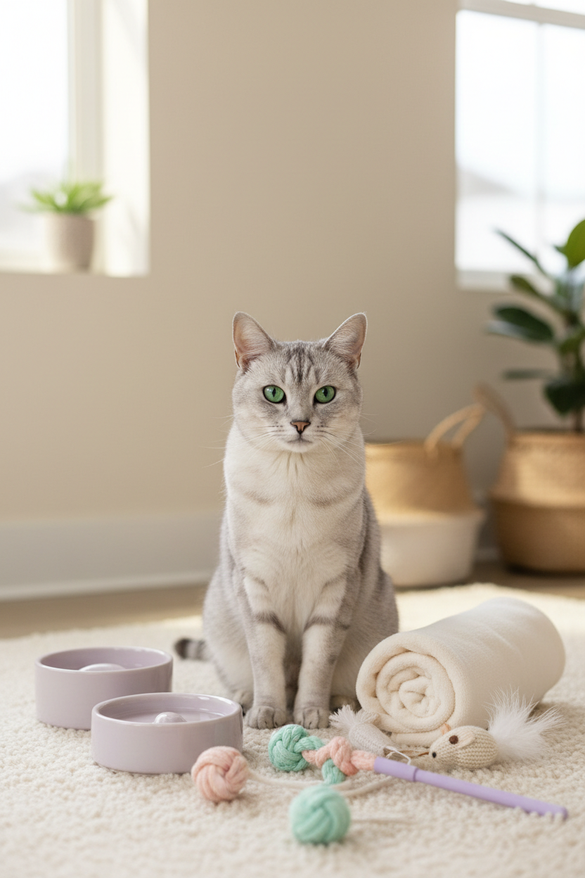 Cat with pastel pet accessories